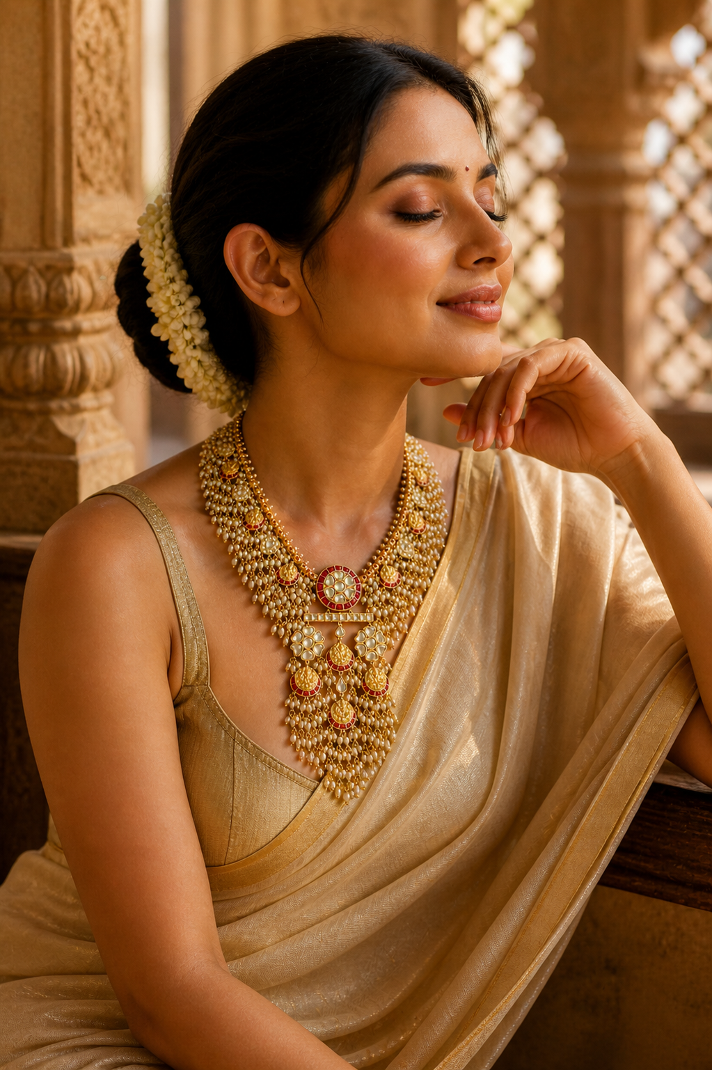 Lakshmi Pearl Cascade Haaram – Temple Gold Necklace with Kundan, Ruby & Pearl Tassels