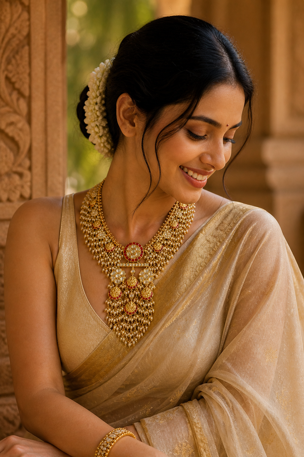 Lakshmi Pearl Cascade Haaram – Temple Gold Necklace with Kundan, Ruby & Pearl Tassels
