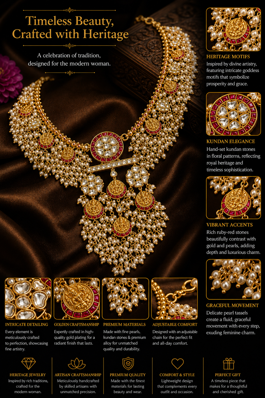 Lakshmi Pearl Cascade Haaram – Temple Gold Necklace with Kundan, Ruby & Pearl Tassels