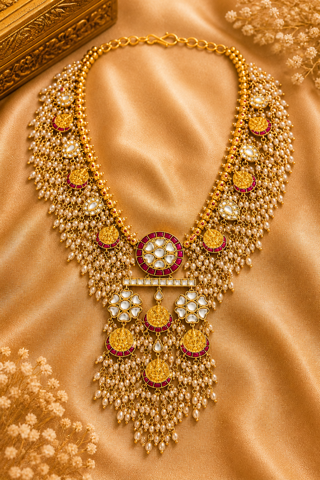 Lakshmi Pearl Cascade Haaram – Temple Gold Necklace with Kundan, Ruby & Pearl Tassels