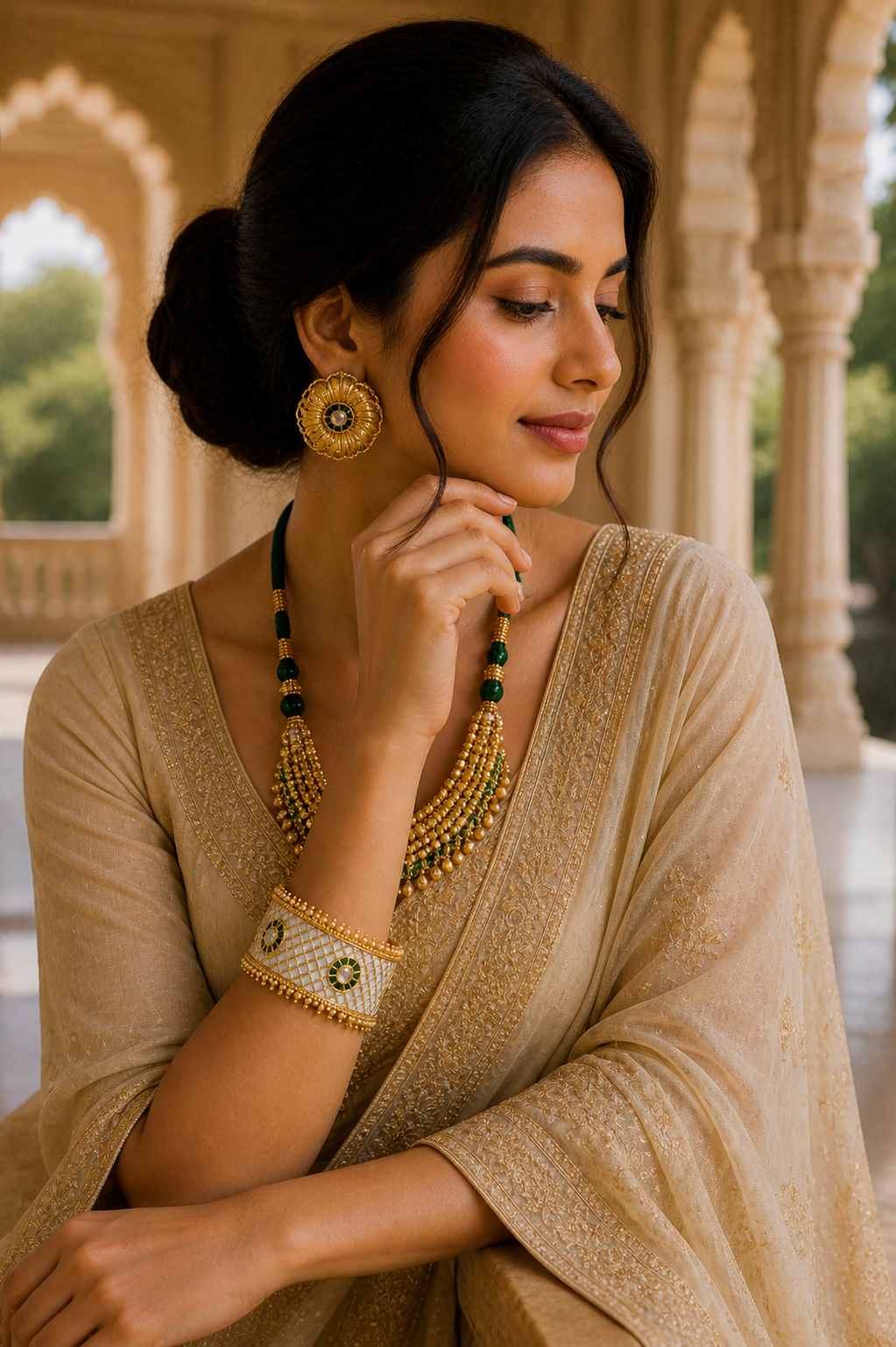 Shehnoor Pearl Lattice Kada – Wide White Enamel Bangle with Kundan & Pearl Border