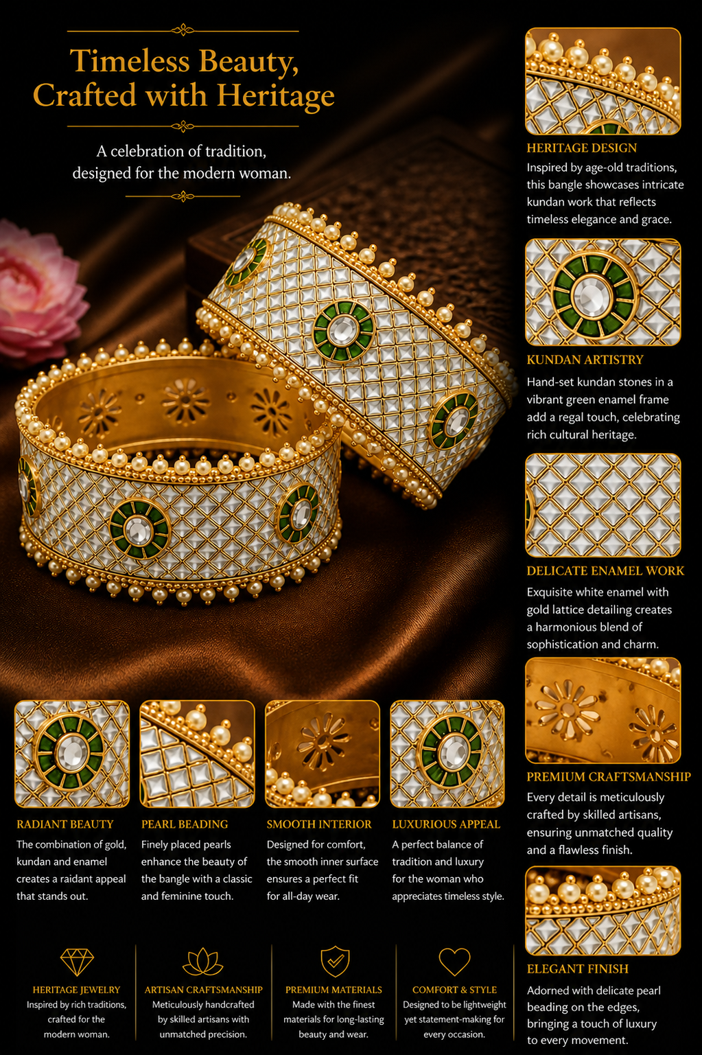 Shehnoor Pearl Lattice Kada – Wide White Enamel Bangle with Kundan & Pearl Border