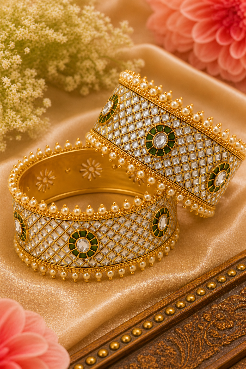 Shehnoor Pearl Lattice Kada – Wide White Enamel Bangle with Kundan & Pearl Border