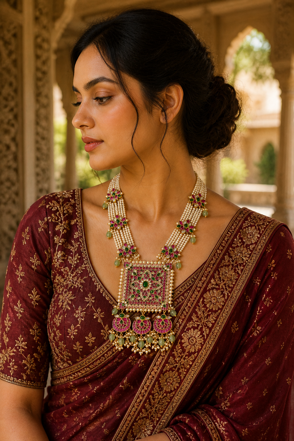 Gulzar Rajwada Haaram – Multi-Strand Pearl Necklace with Kundan Square Pendant & Chandbali Drops