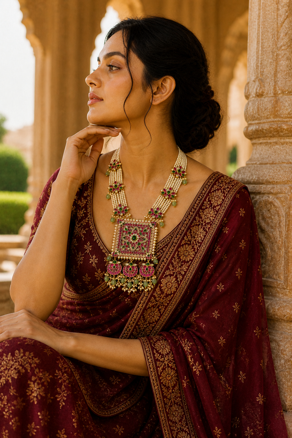 Gulzar Rajwada Haaram – Multi-Strand Pearl Necklace with Kundan Square Pendant & Chandbali Drops