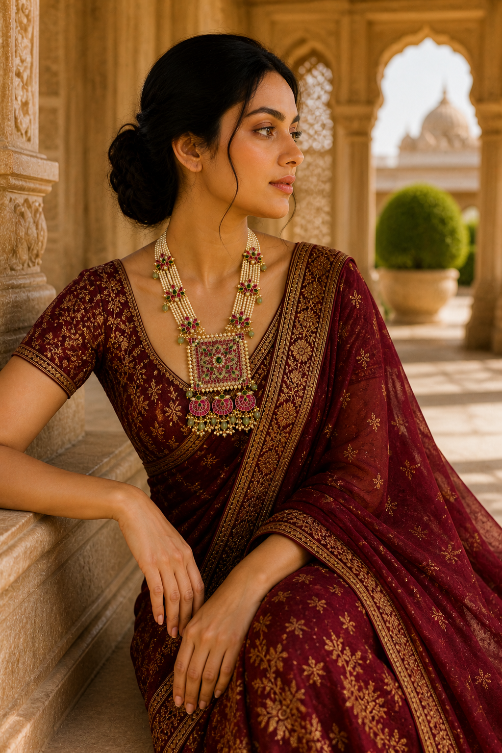 Gulzar Rajwada Haaram – Multi-Strand Pearl Necklace with Kundan Square Pendant & Chandbali Drops