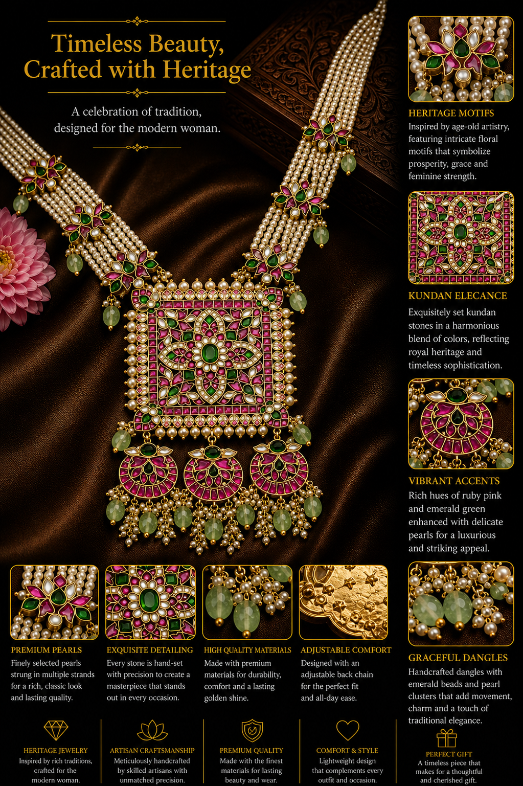 Gulzar Rajwada Haaram – Multi-Strand Pearl Necklace with Kundan Square Pendant & Chandbali Drops