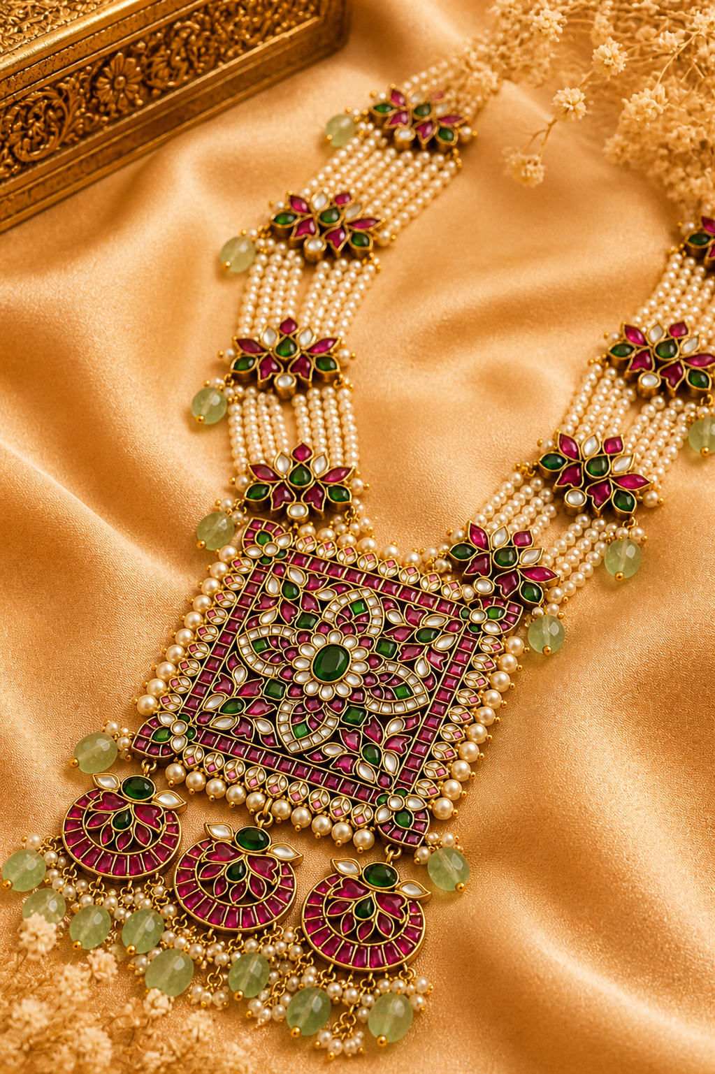 Gulzar Rajwada Haaram – Multi-Strand Pearl Necklace with Kundan Square Pendant & Chandbali Drops