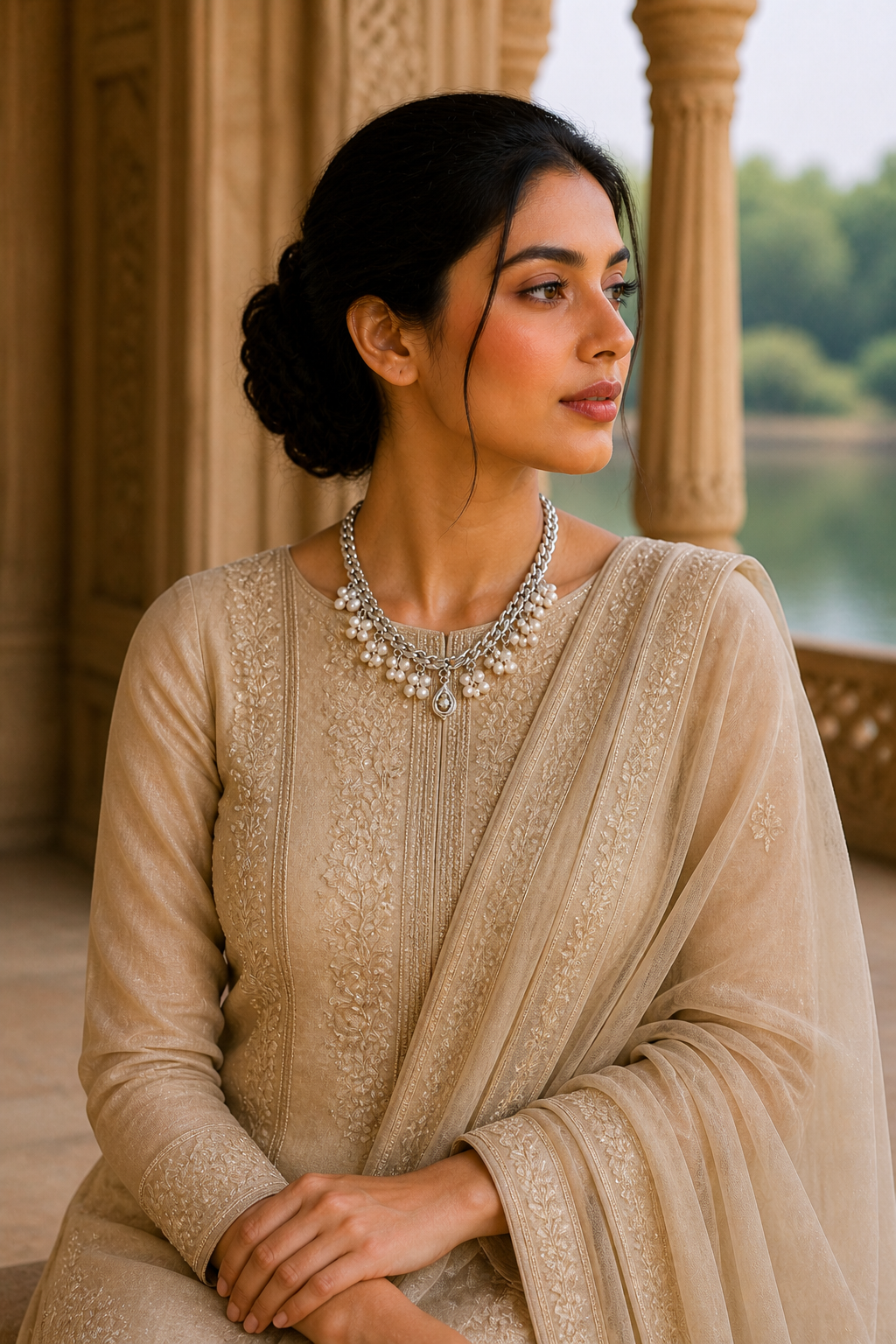 Pearl Fringe Chain Choker Necklace with Teardrop Pendant