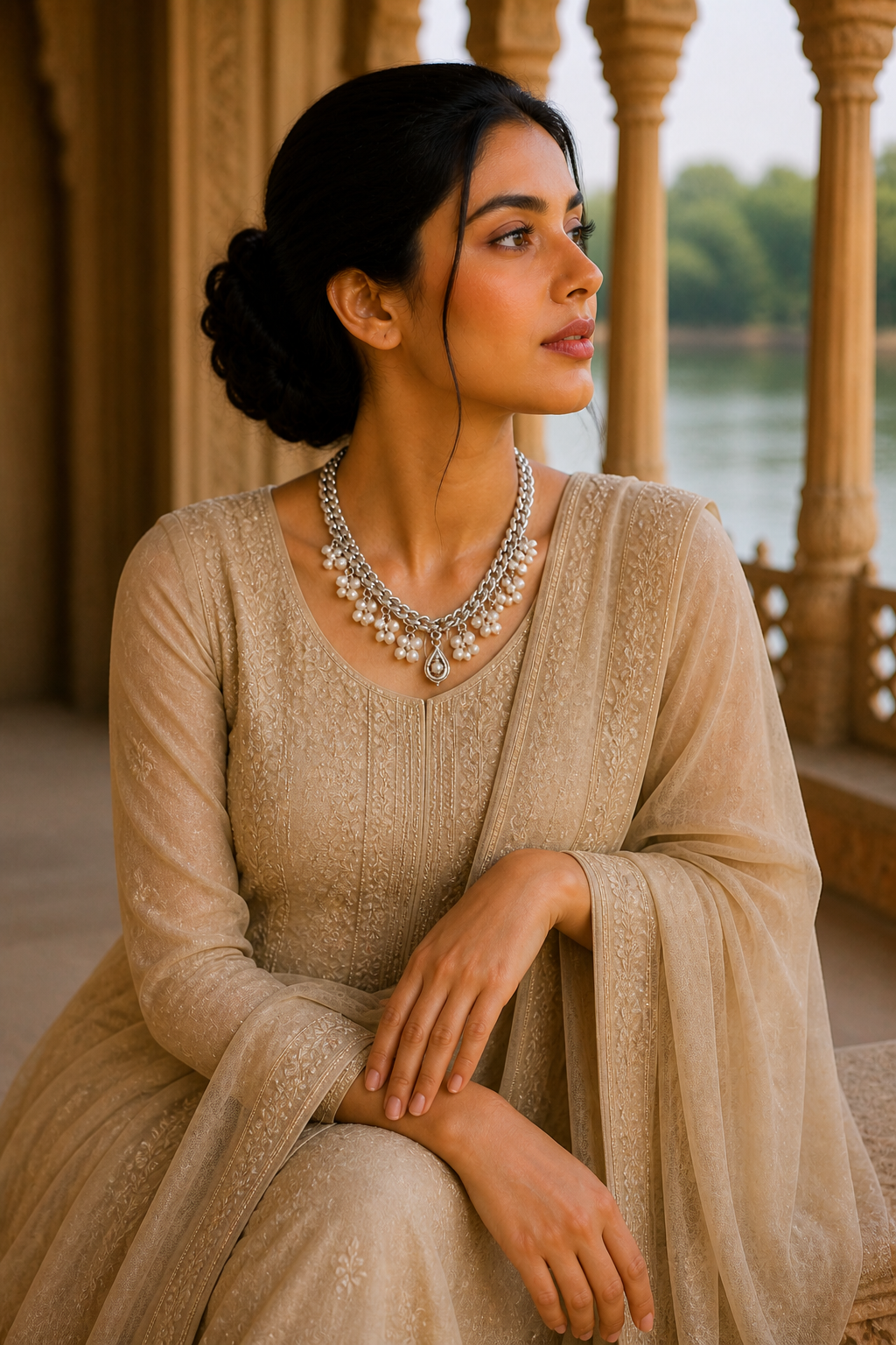 Pearl Fringe Chain Choker Necklace with Teardrop Pendant