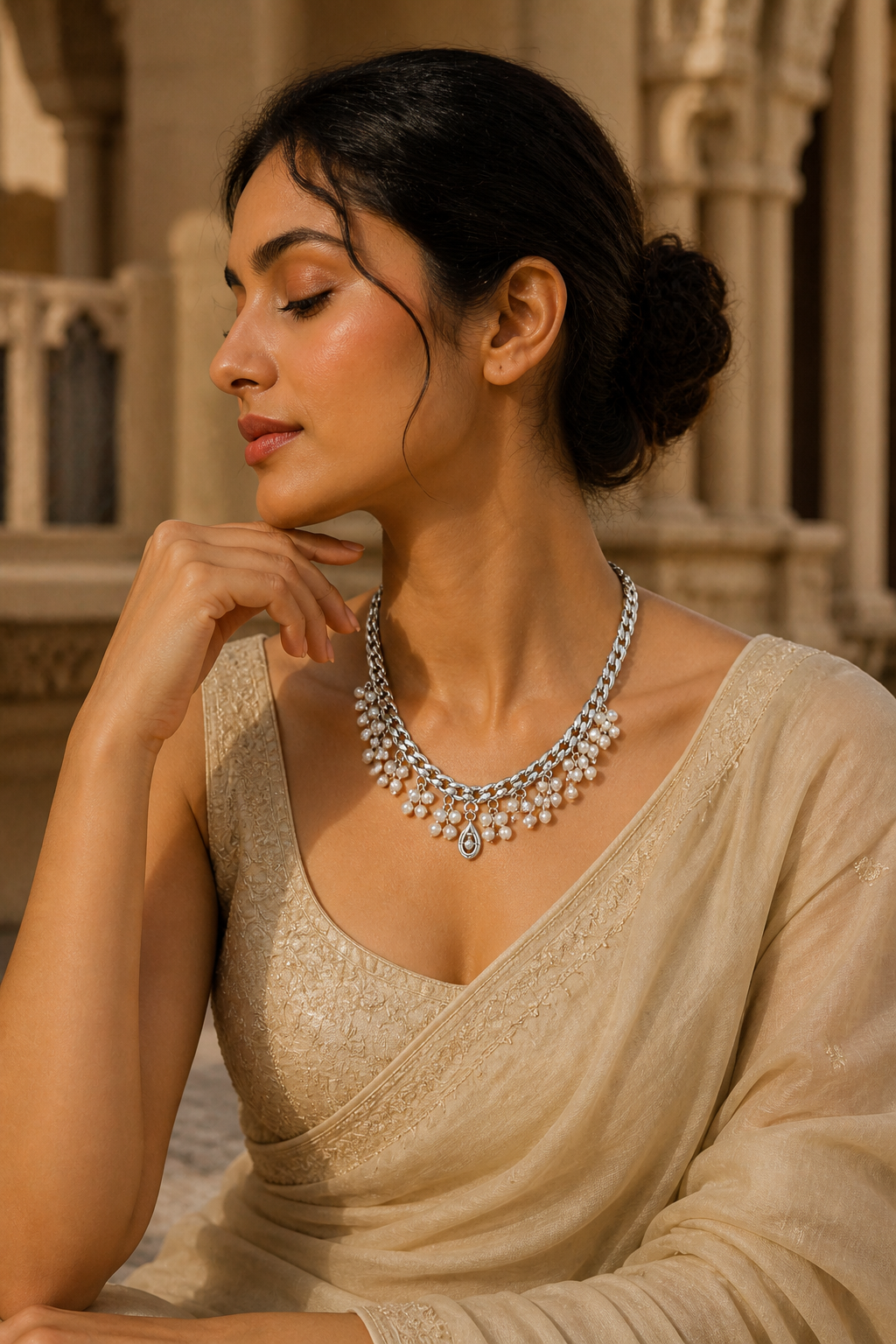 Pearl Fringe Chain Choker Necklace with Teardrop Pendant