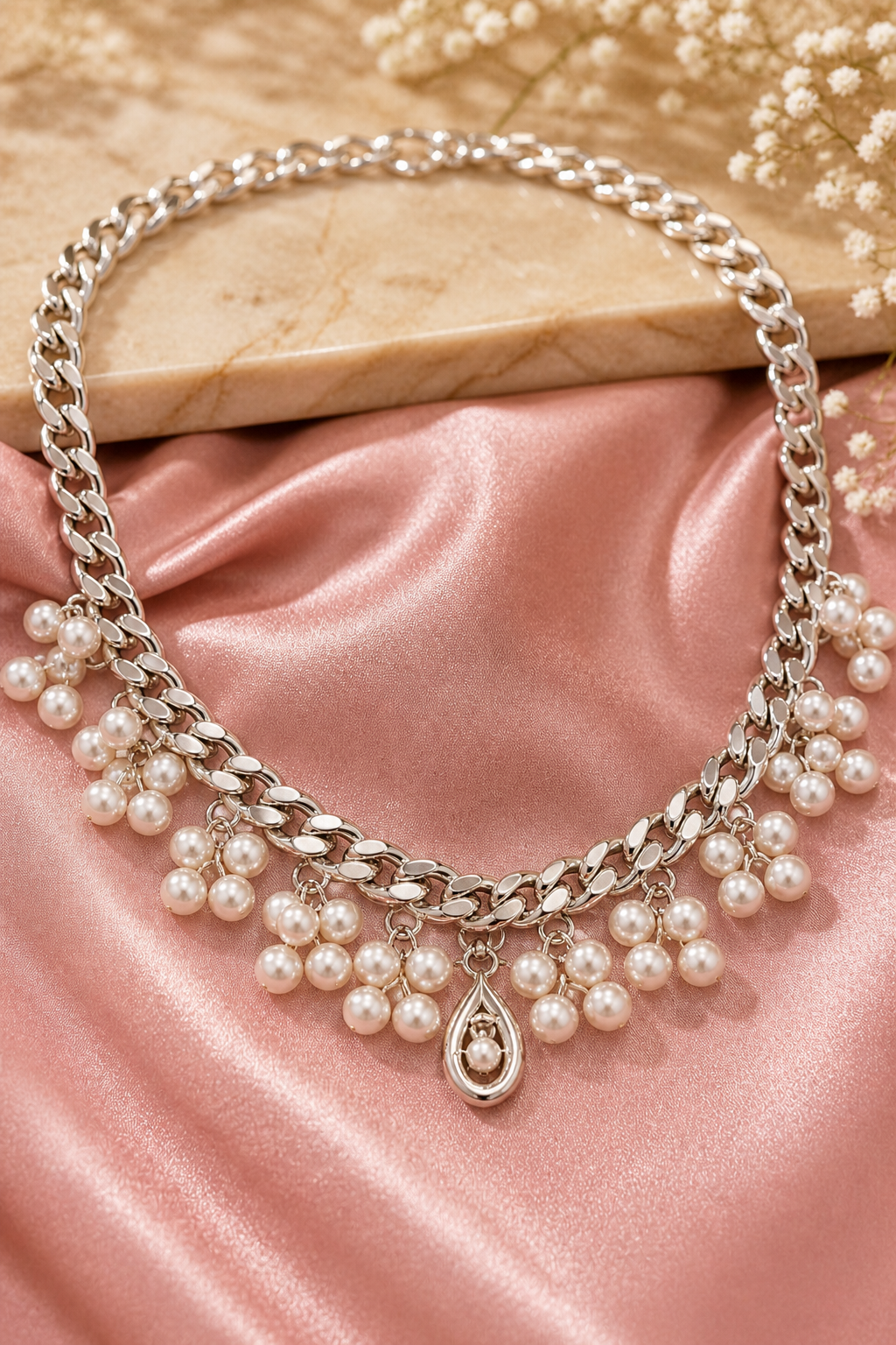 Pearl Fringe Chain Choker Necklace with Teardrop Pendant