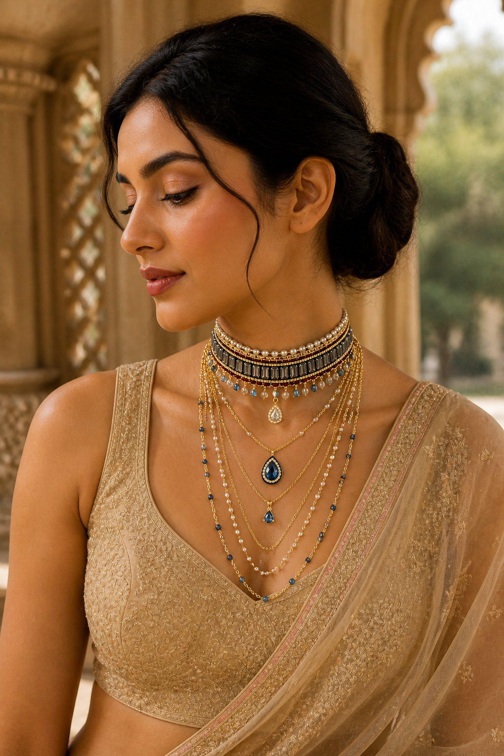 Layered Choker Necklace Set with Blue Teardrop Pendants