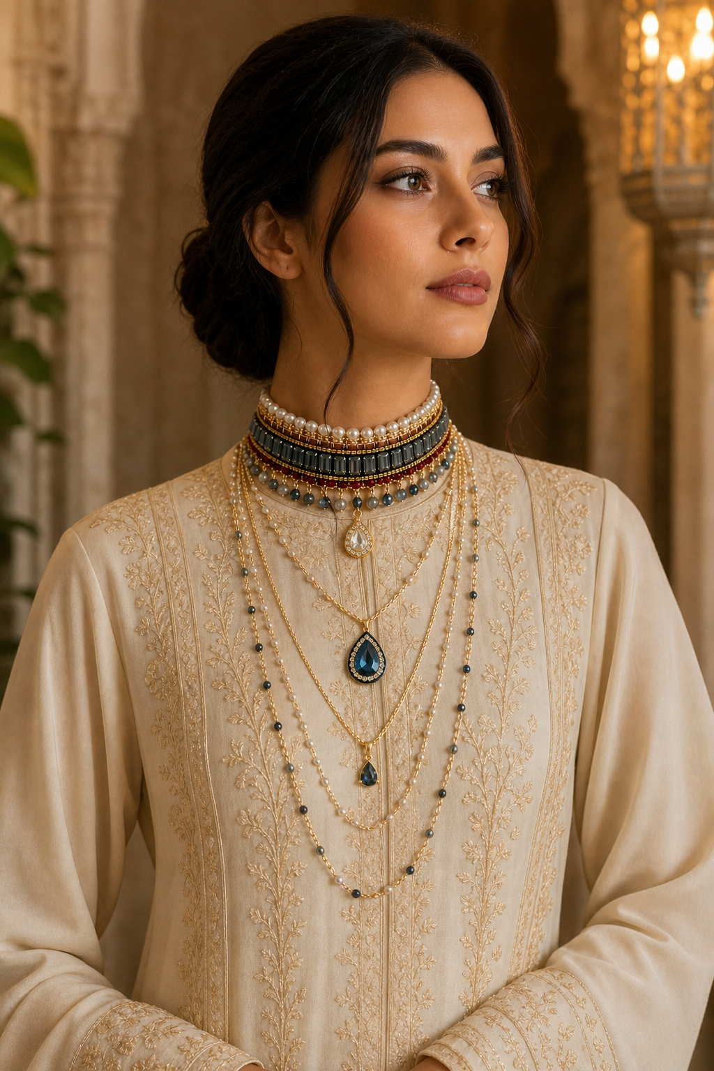 Layered Choker Necklace Set with Blue Teardrop Pendants