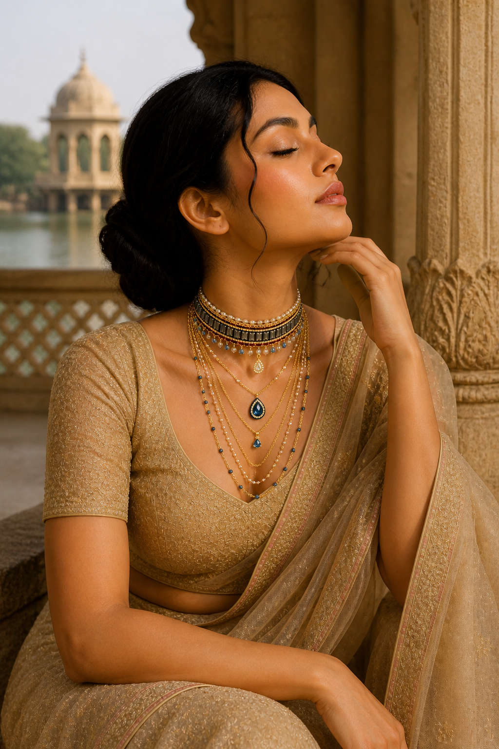 Layered Choker Necklace Set with Blue Teardrop Pendants