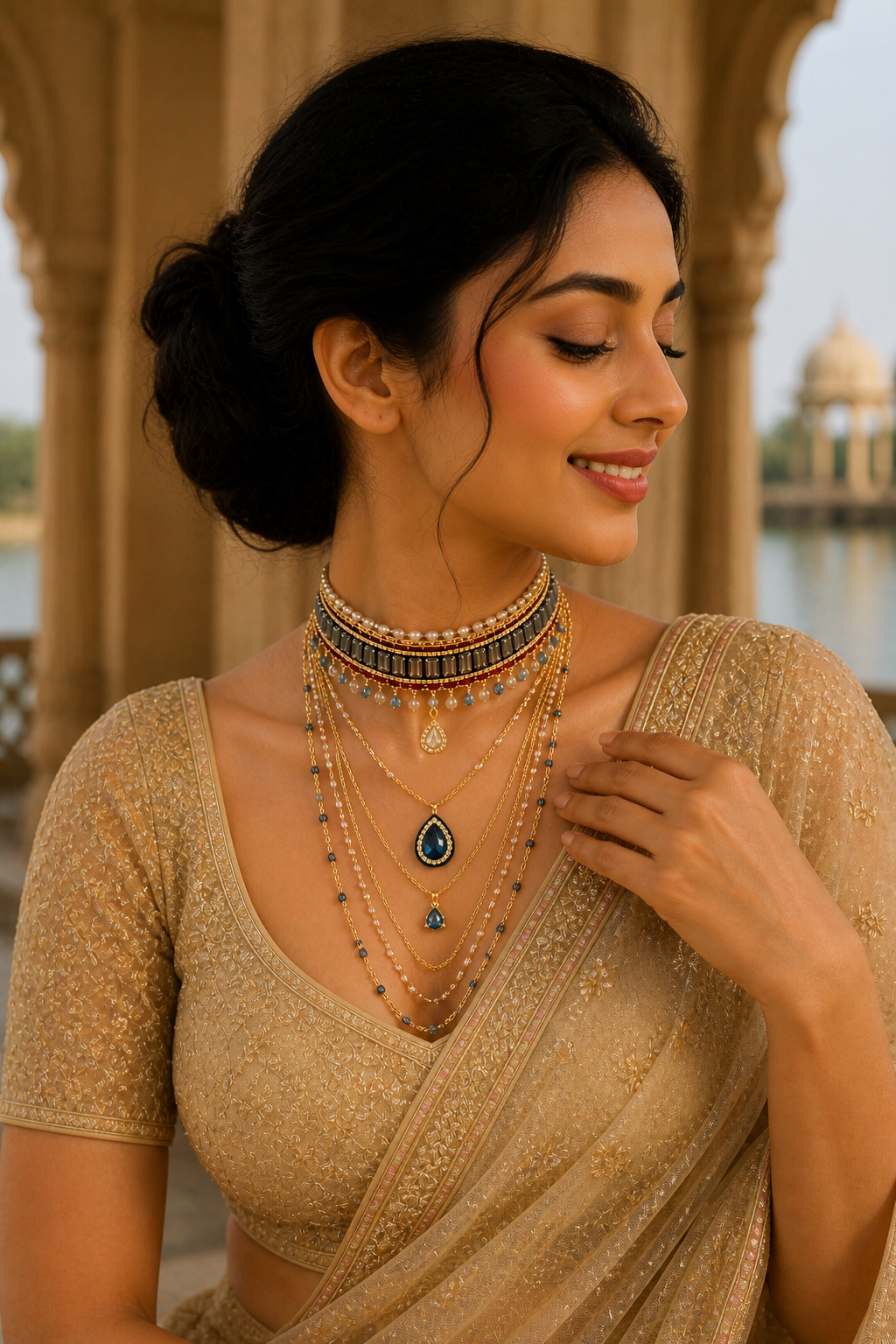 Layered Choker Necklace Set with Blue Teardrop Pendants