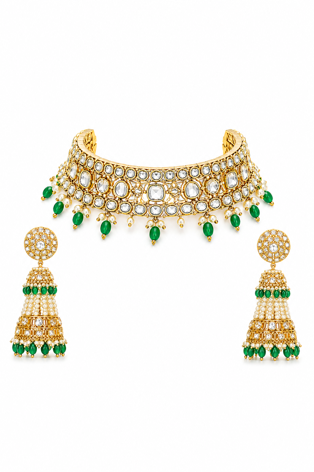Traditional Kundan Necklace Set with Pearl & Green Bead Jhumka Earrings
