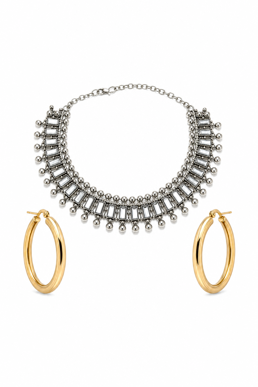 Minimal Gold Hoop Earrings & Crystal Choker Necklace Set – Modern Elegant Jewelry