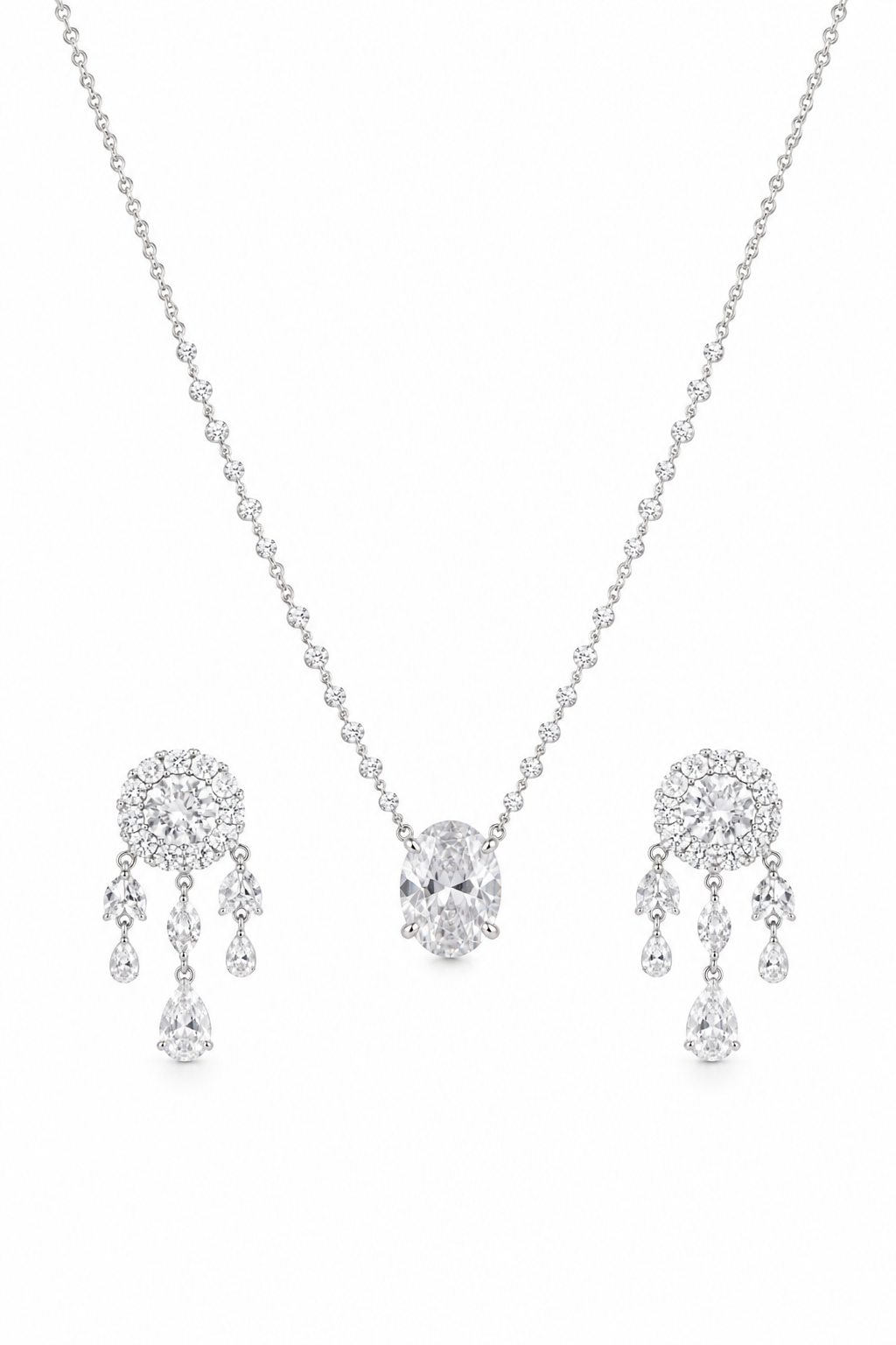 Elegant Solitaire Pendant Necklace Set with Crystal Drop Earrings