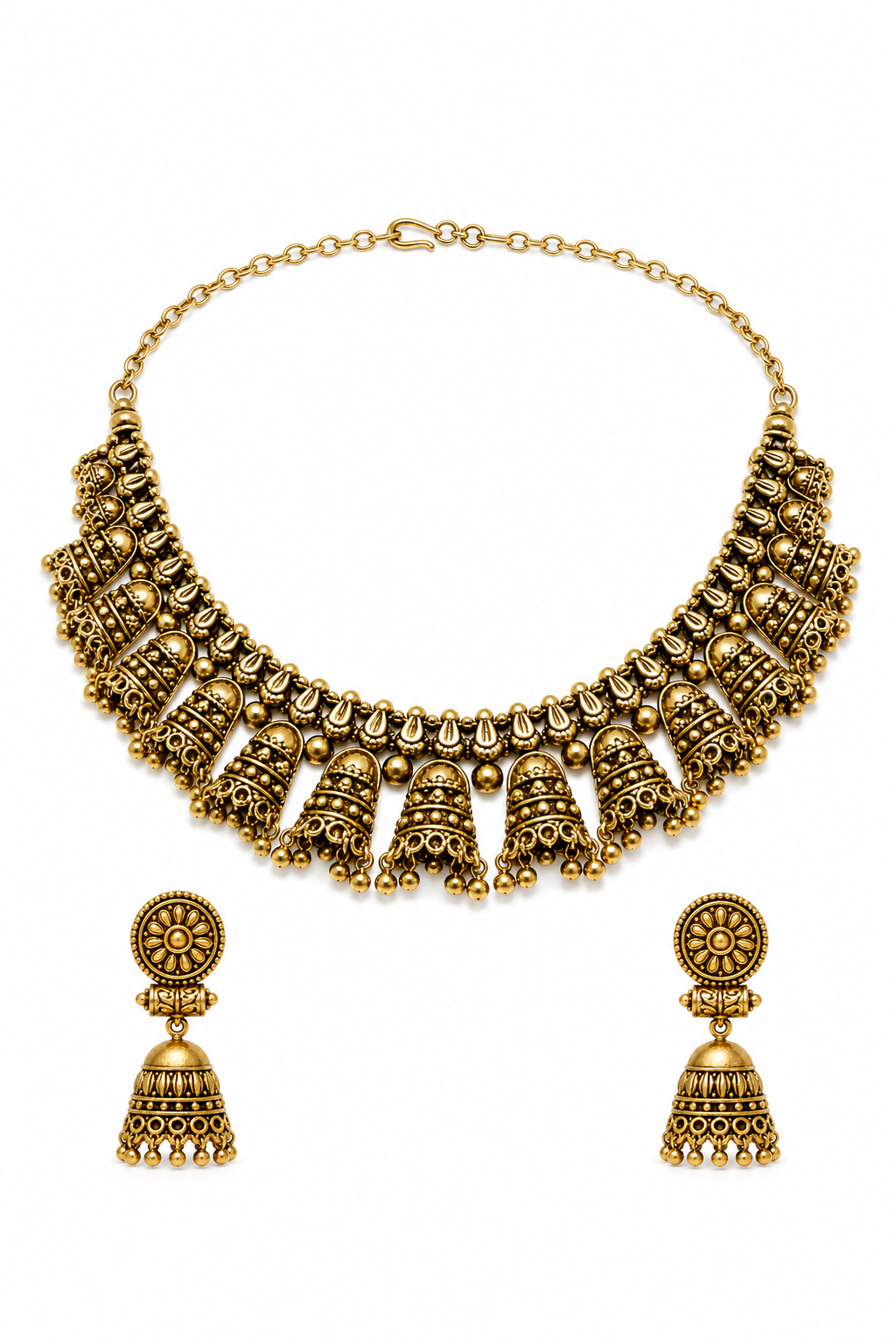 Antique Gold Temple Choker Set with Jhumka Earrings
