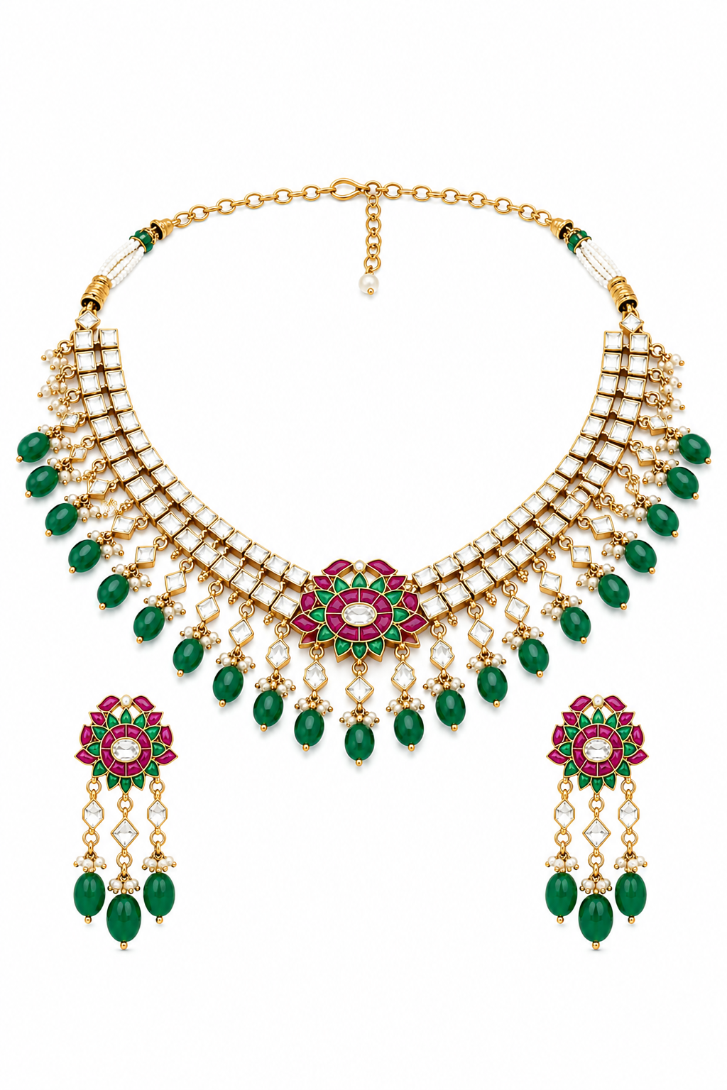 Royal Kundan Polki Necklace Set – Heritage Floral Bridal Jewelry with Emerald Beads