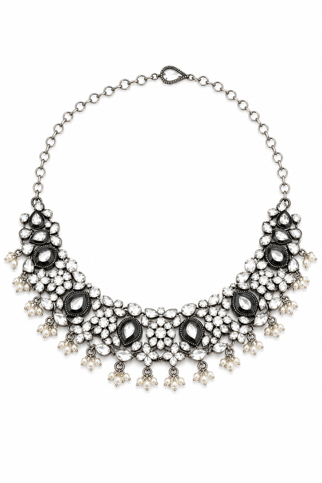 Midnight Polki Necklace Set – Oxidised Silver Heritage Jewelry with Pearl Danglers