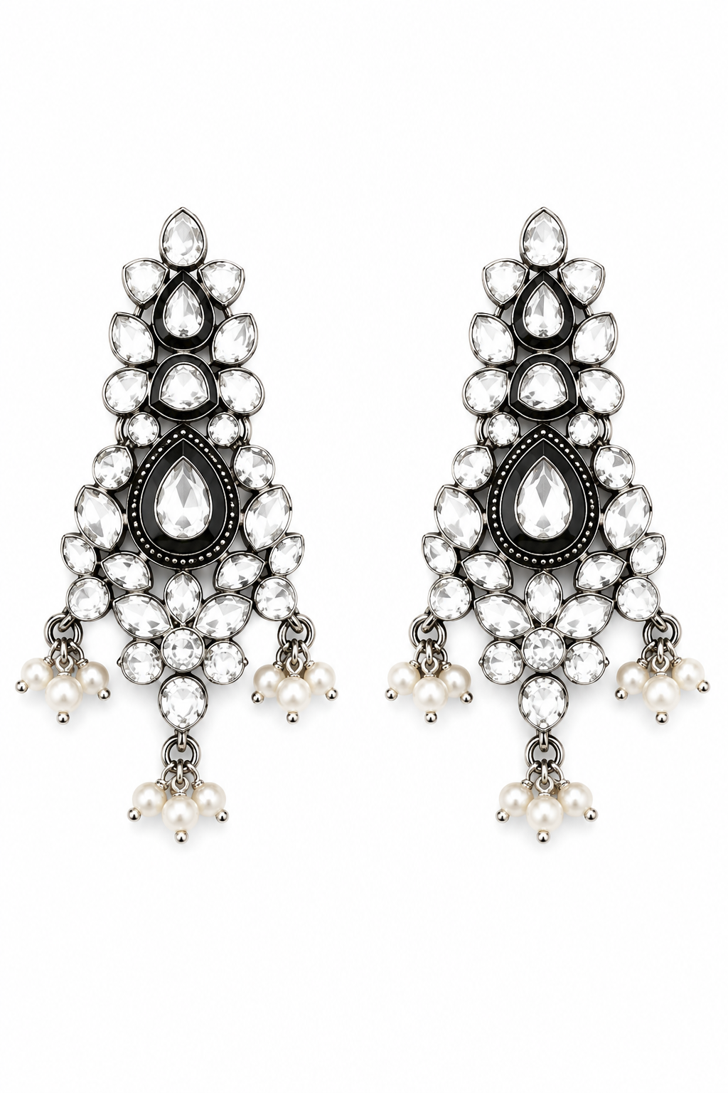 Midnight Polki Necklace Set – Oxidised Silver Heritage Jewelry with Pearl Danglers