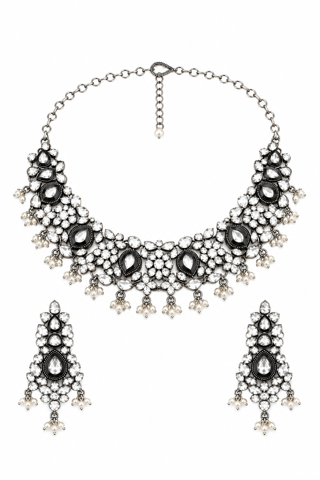 Midnight Polki Necklace Set – Oxidised Silver Heritage Jewelry with Pearl Danglers