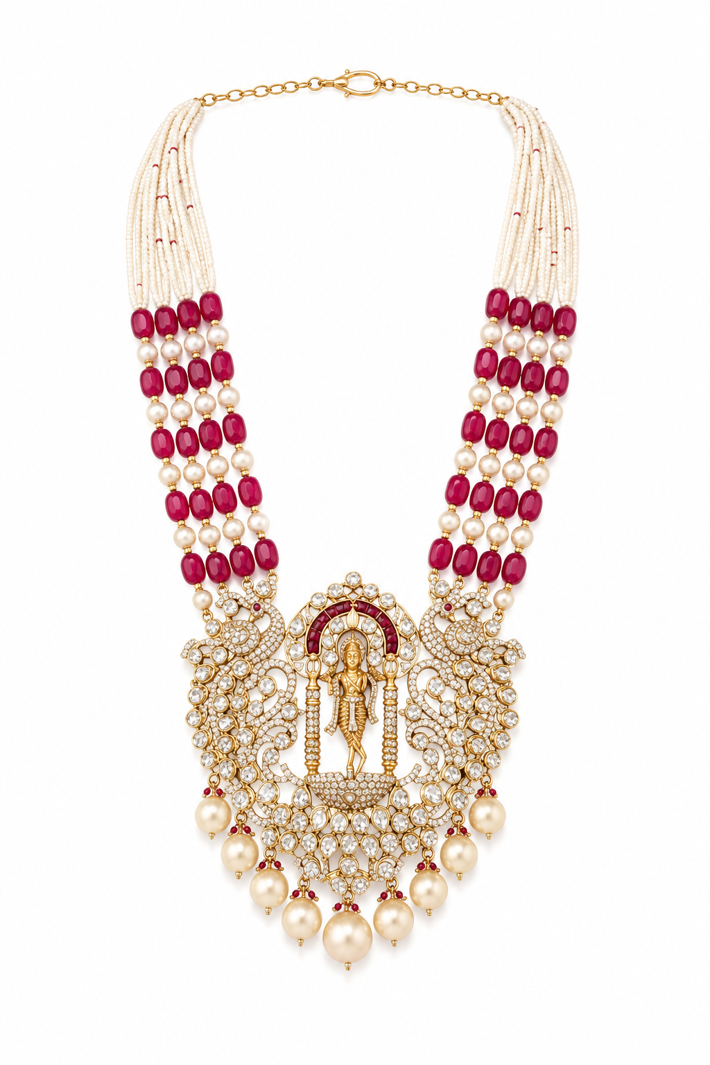 Temple-Inspired Kundan Pearl Necklace Set with Ruby Beads