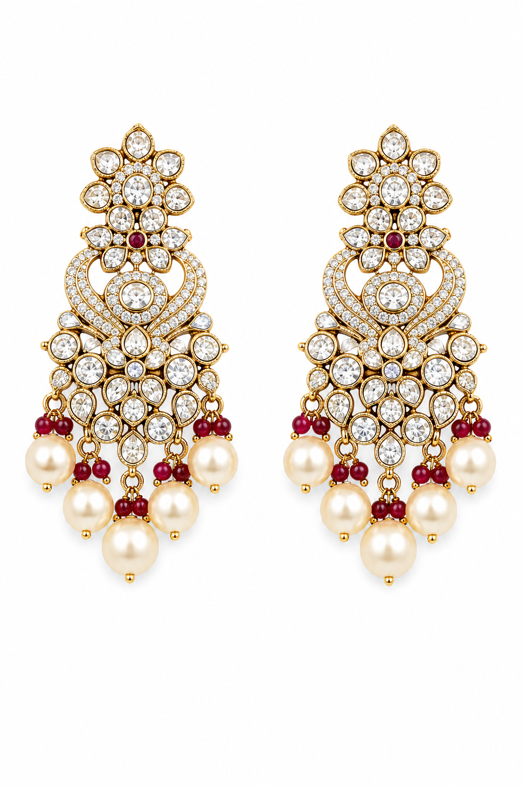 Temple-Inspired Kundan Pearl Necklace Set with Ruby Beads