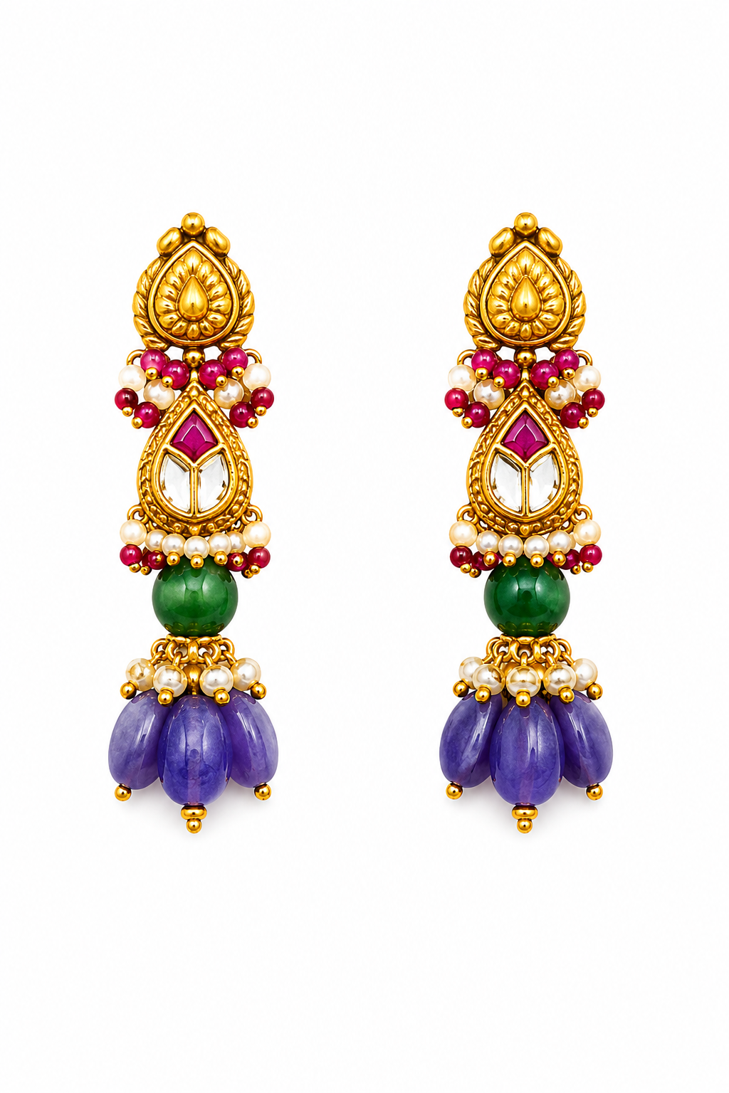 Peacock Motif Temple Jewelry Necklace Set with Multicolor Gemstones