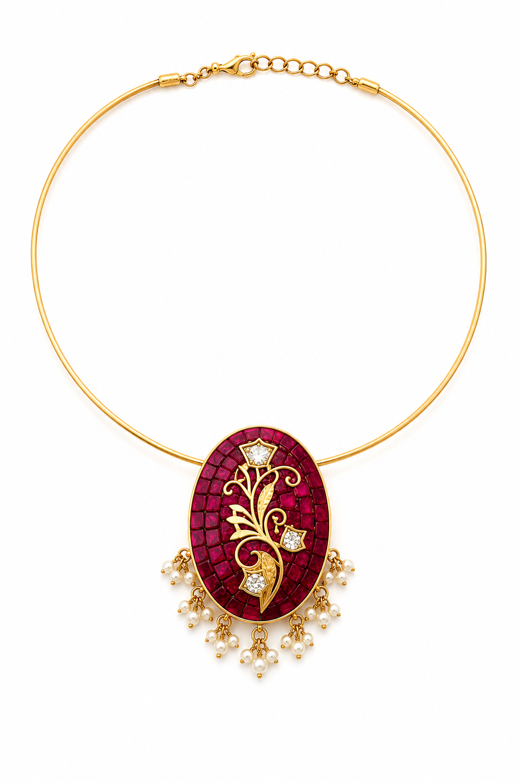 Ruby Mosaic Heritage Pendant Necklace Set with Pearl Drops