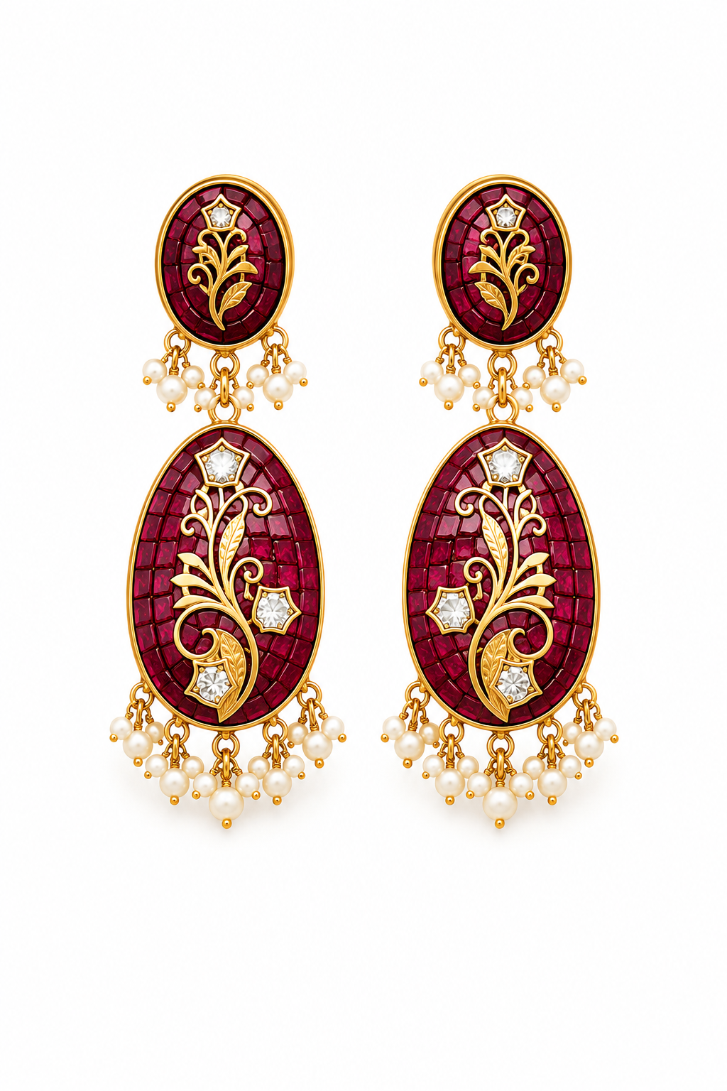 Ruby Mosaic Heritage Pendant Necklace Set with Pearl Drops