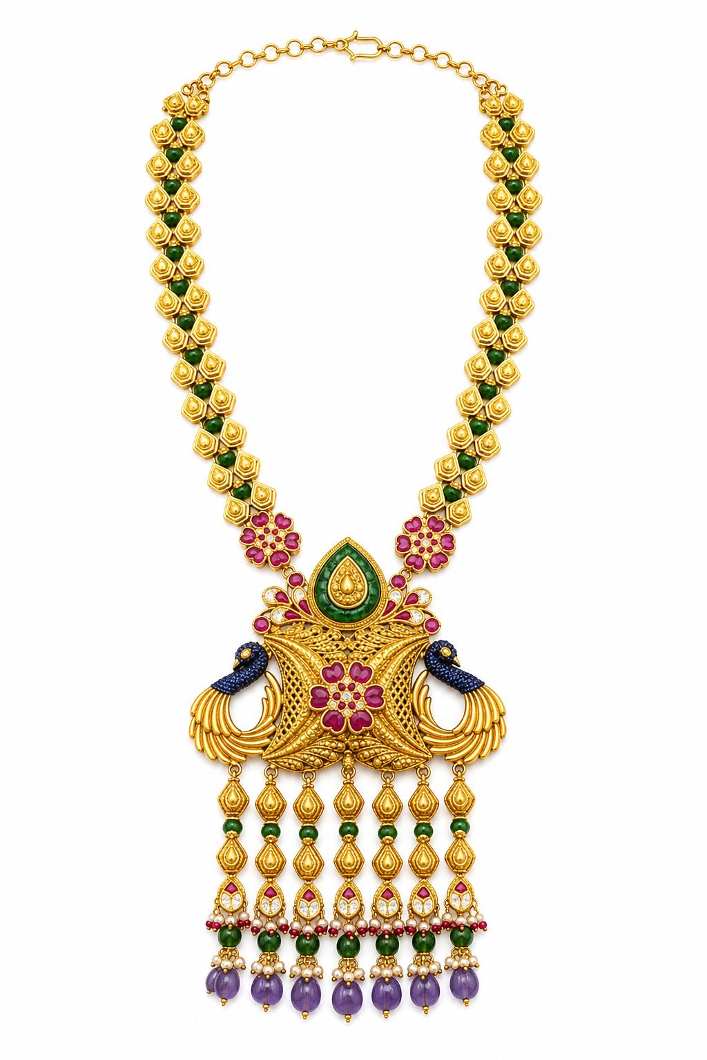 Peacock Motif Temple Jewelry Necklace Set with Multicolor Gemstones