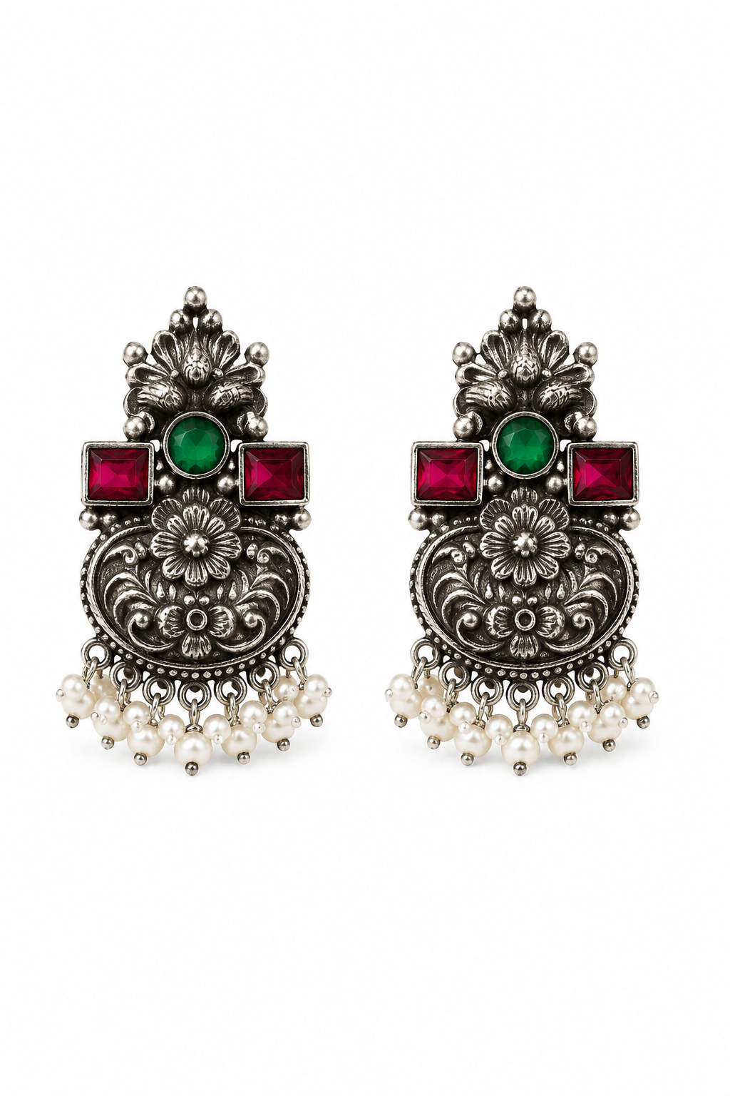 Oxidised Floral Statement Necklace Set with Ruby & Emerald Stones