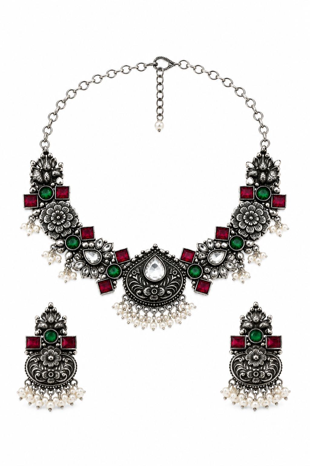 Oxidised Floral Statement Necklace Set with Ruby & Emerald Stones