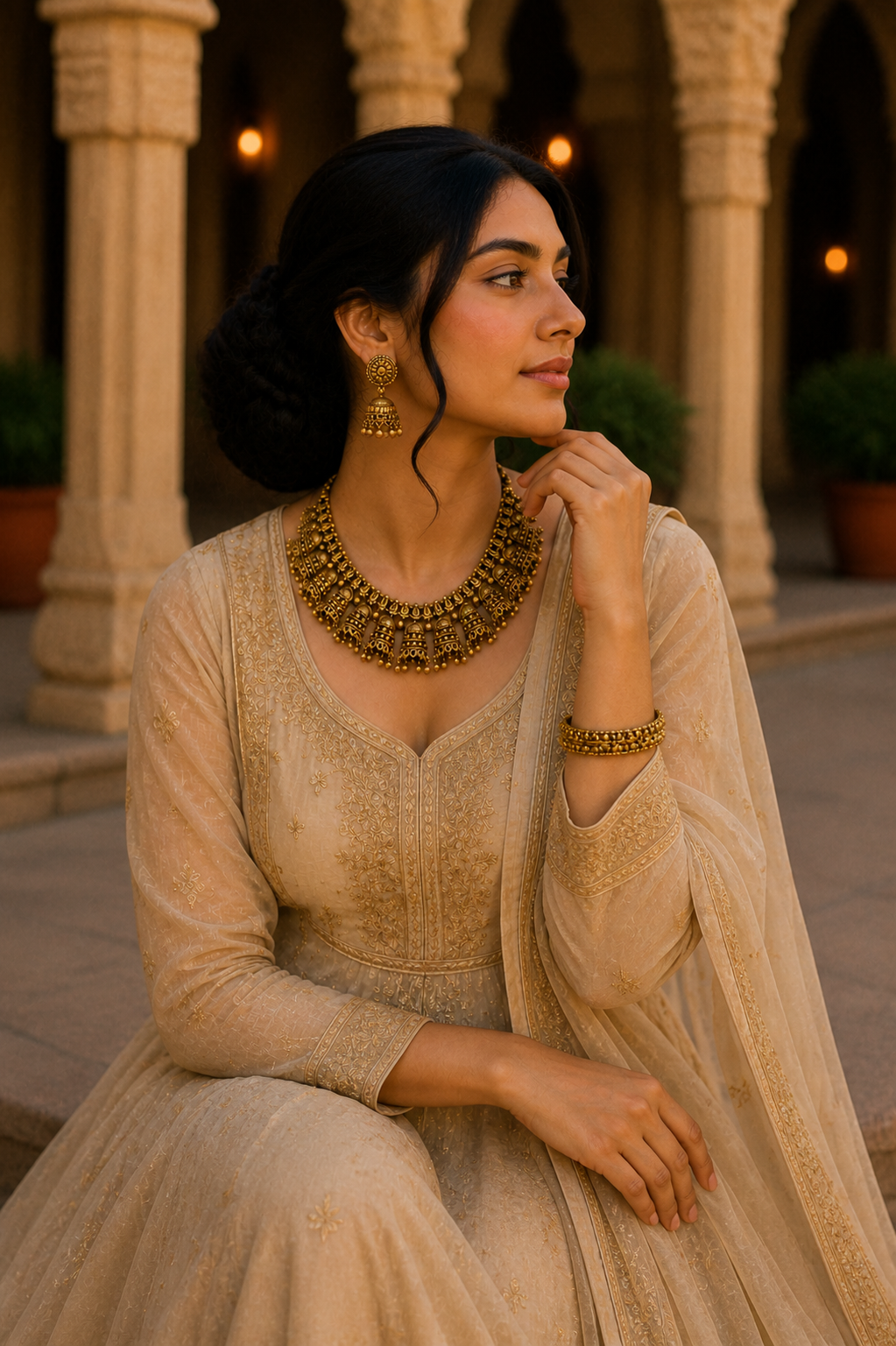 Antique Gold Temple Choker Set with Jhumka Earrings