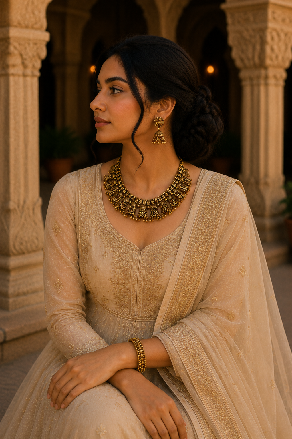 Antique Gold Temple Choker Set with Jhumka Earrings