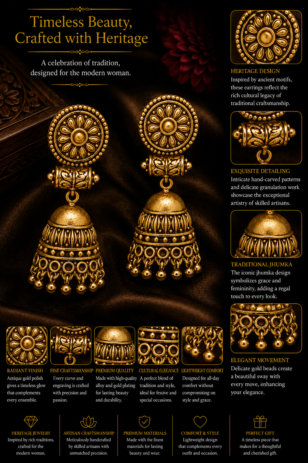 Antique Gold Temple Choker Set with Jhumka Earrings