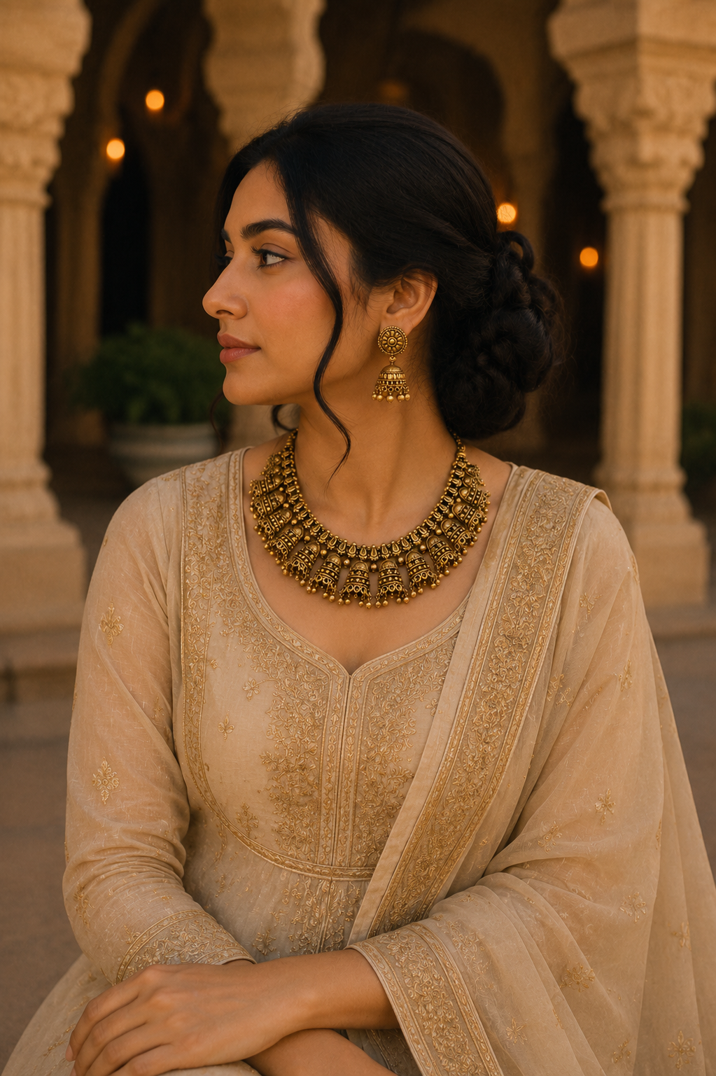 Antique Gold Temple Choker Set with Jhumka Earrings