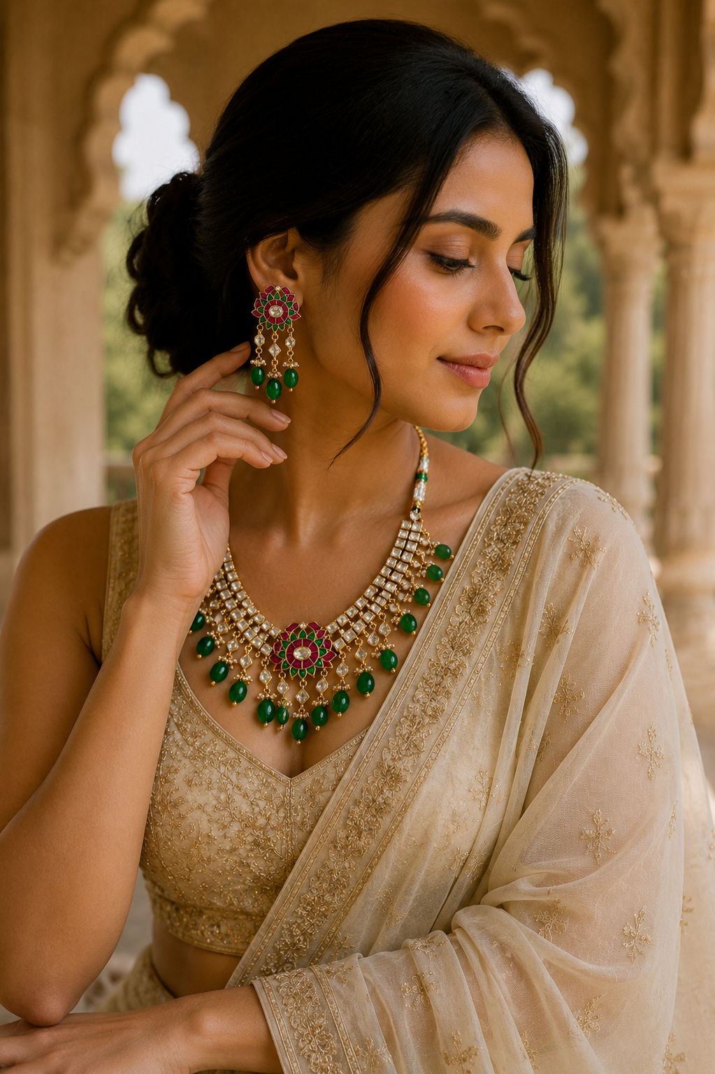 Royal Kundan Polki Necklace Set – Heritage Floral Bridal Jewelry with Emerald Beads
