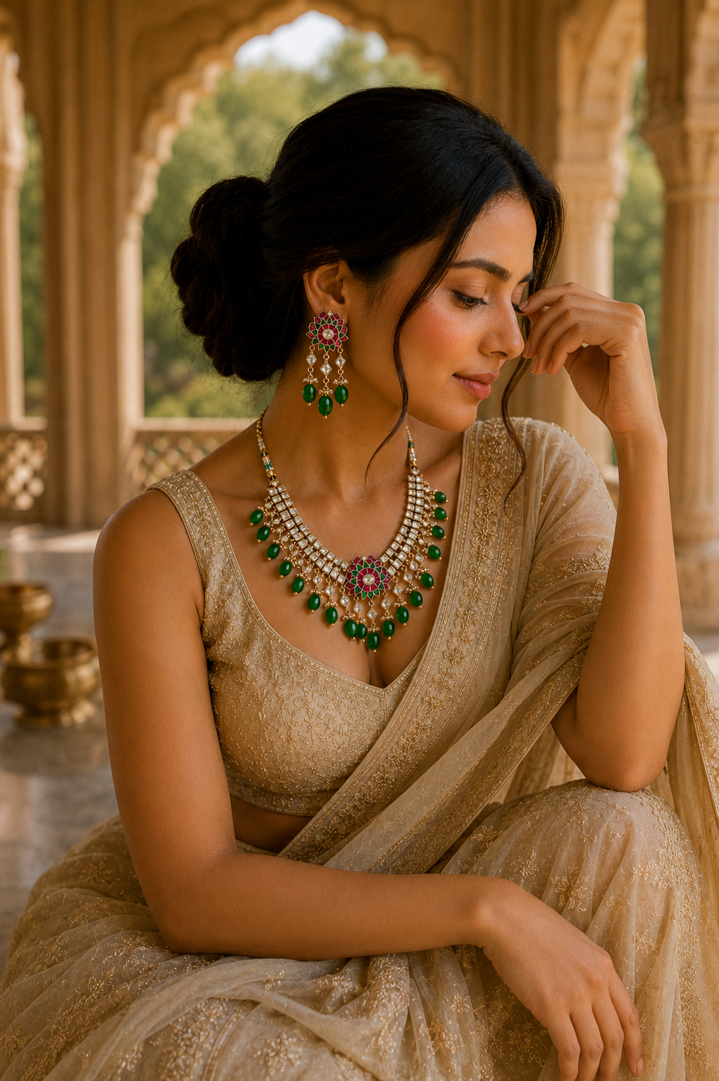Royal Kundan Polki Necklace Set – Heritage Floral Bridal Jewelry with Emerald Beads