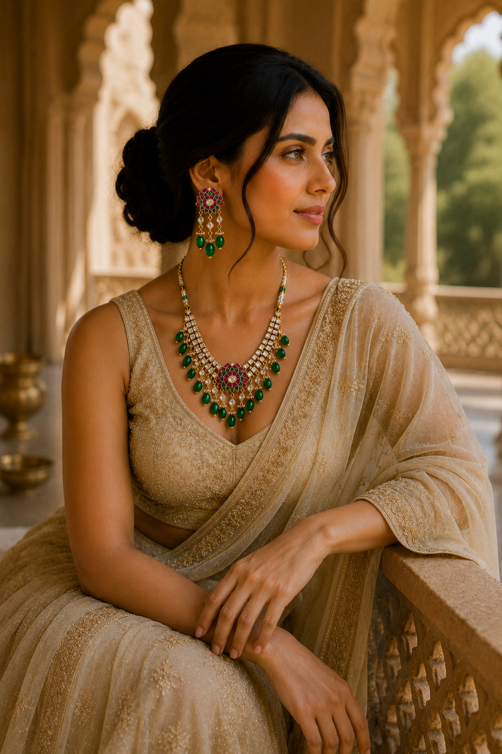 Royal Kundan Polki Necklace Set – Heritage Floral Bridal Jewelry with Emerald Beads
