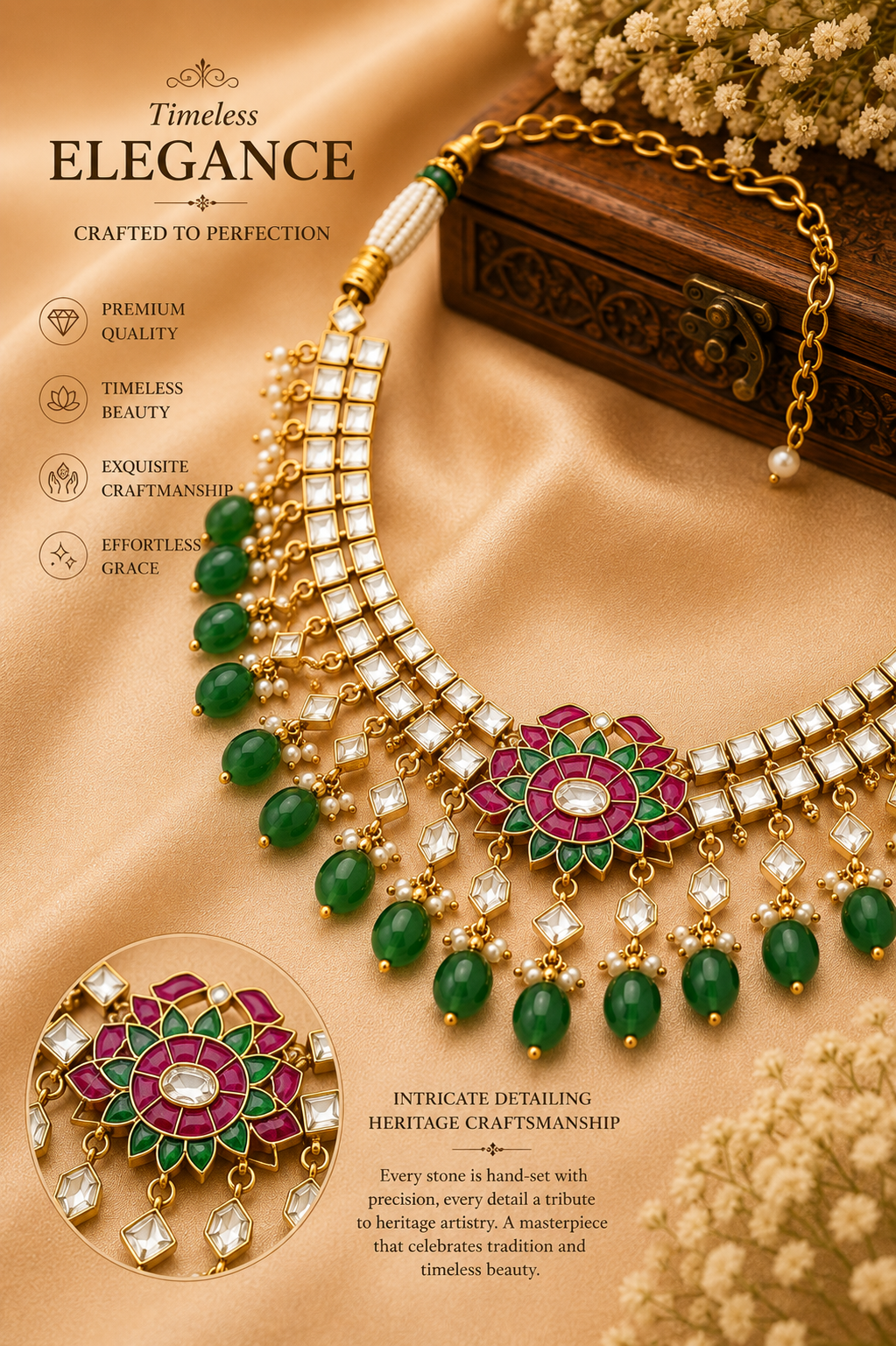 Royal Kundan Polki Necklace Set – Heritage Floral Bridal Jewelry with Emerald Beads