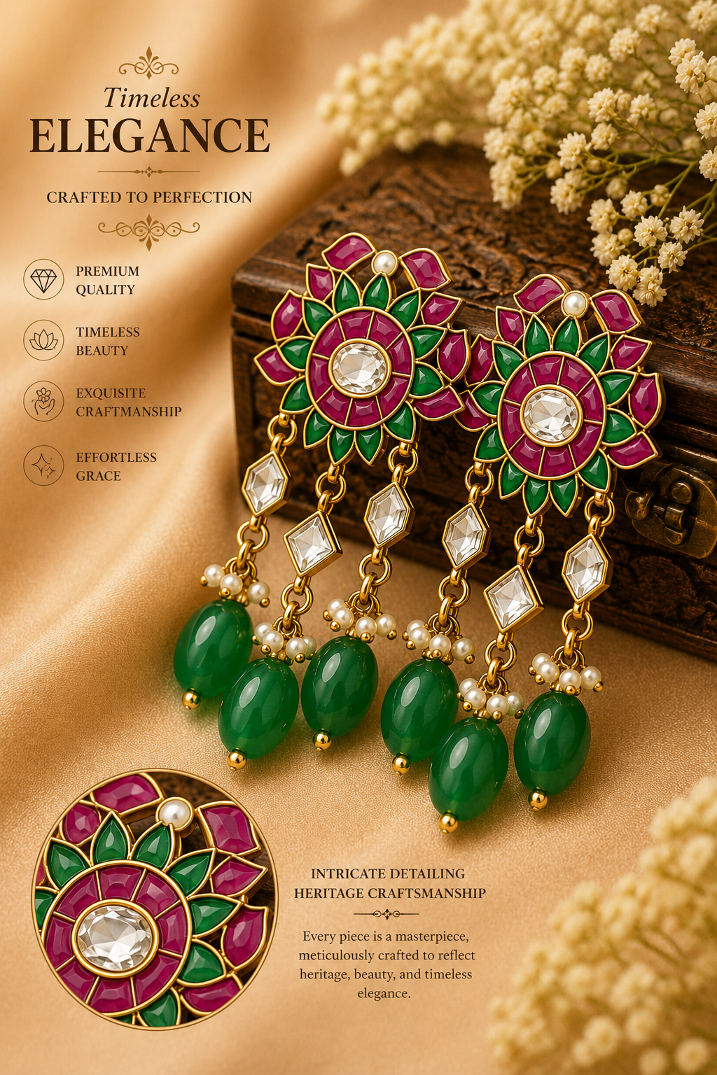 Royal Kundan Polki Necklace Set – Heritage Floral Bridal Jewelry with Emerald Beads