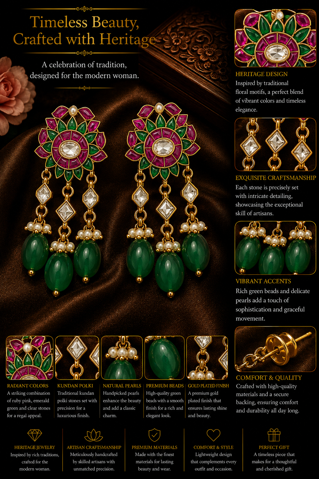 Royal Kundan Polki Necklace Set – Heritage Floral Bridal Jewelry with Emerald Beads