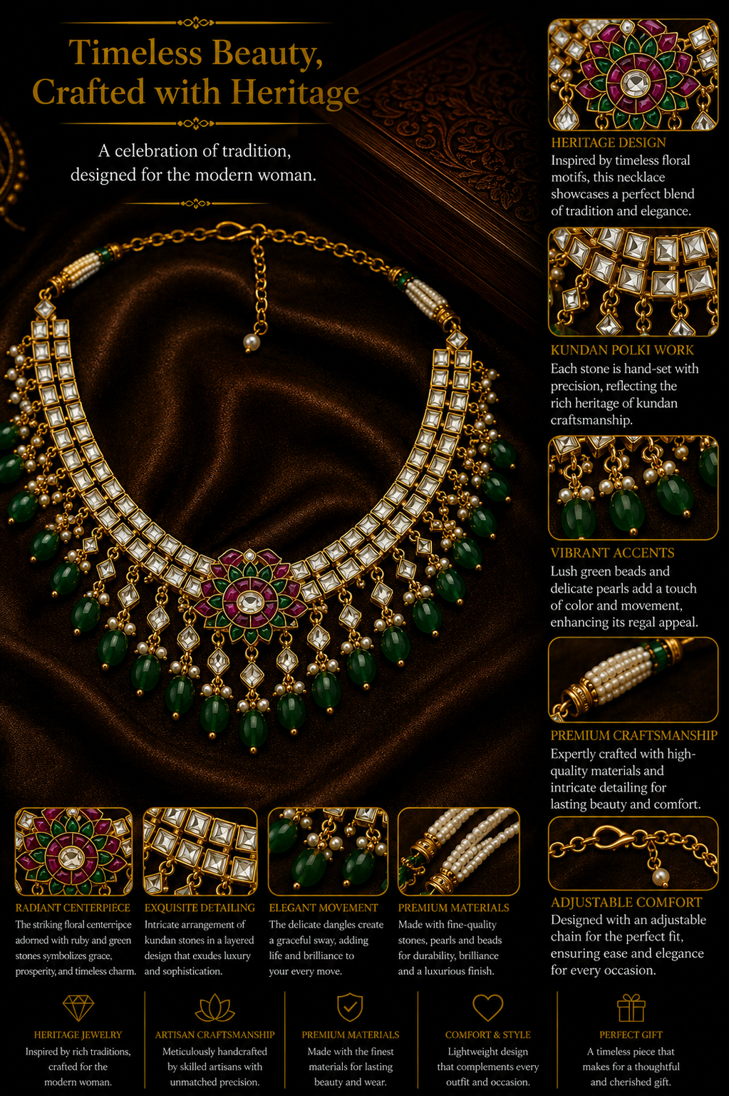 Royal Kundan Polki Necklace Set – Heritage Floral Bridal Jewelry with Emerald Beads