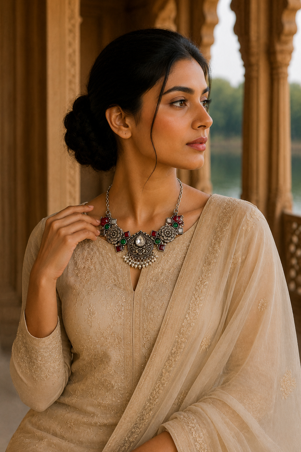 Oxidised Floral Statement Necklace Set with Ruby & Emerald Stones