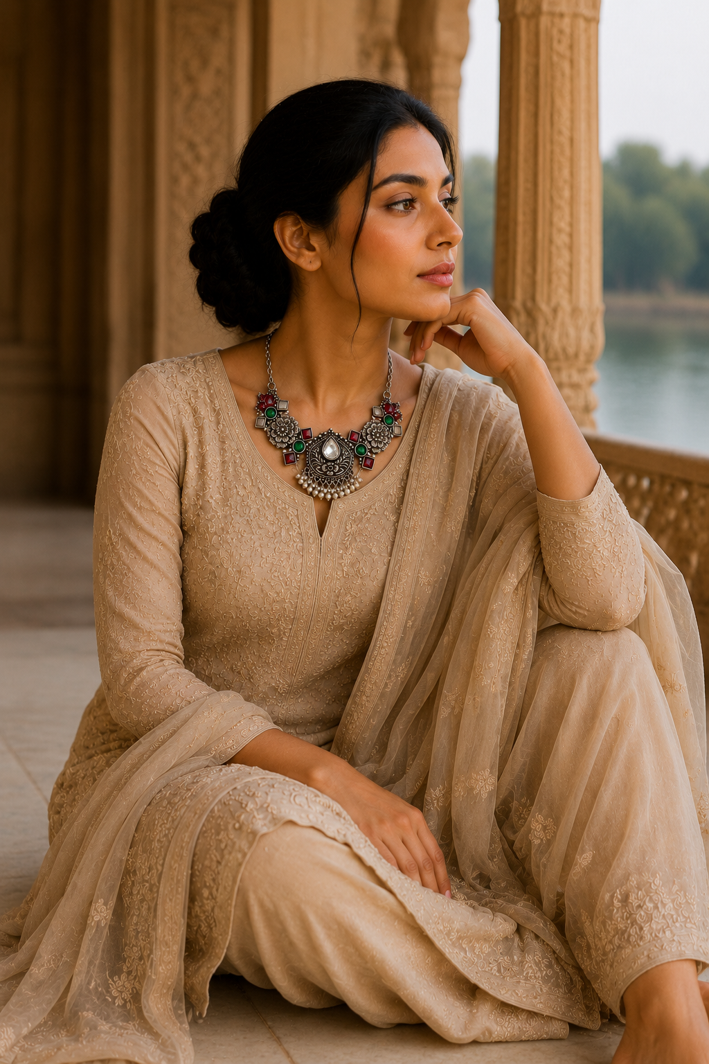 Oxidised Floral Statement Necklace Set with Ruby & Emerald Stones