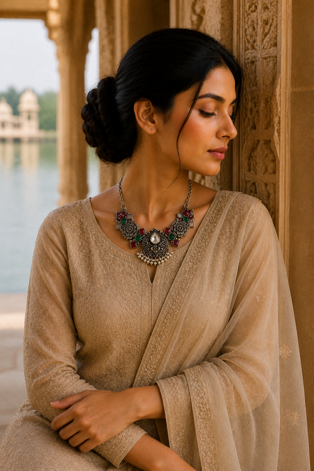 Oxidised Floral Statement Necklace Set with Ruby & Emerald Stones